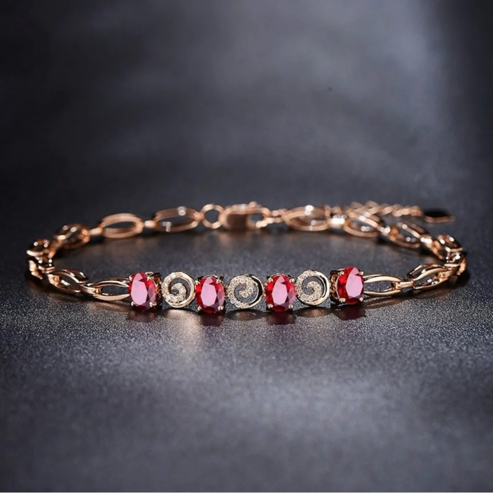 14K Rose Gold Plated Artificial Rubbellite Gemstone Charm Bracelet for Women